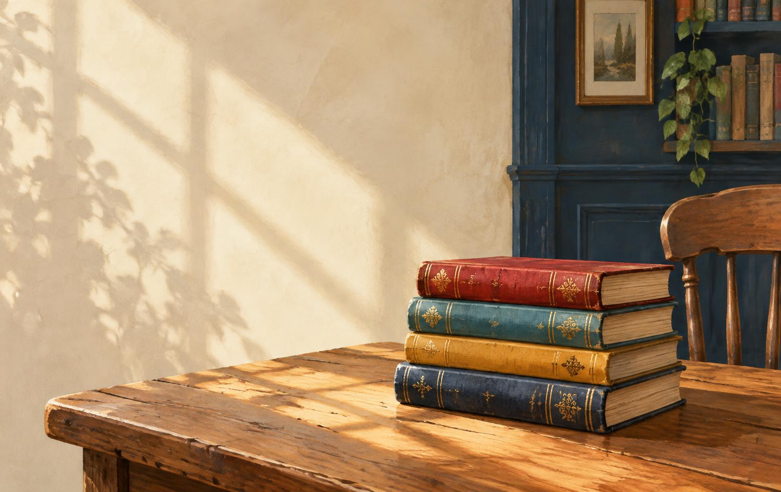 A stack of colourful hardback books on a sunlit wooden table